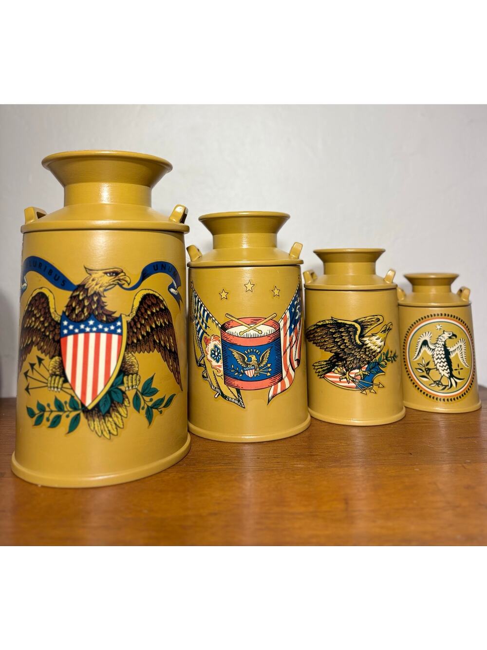 Vintage Pluribus Unum Handmade Patriotic Eagle American Flag Ceramic Canisters